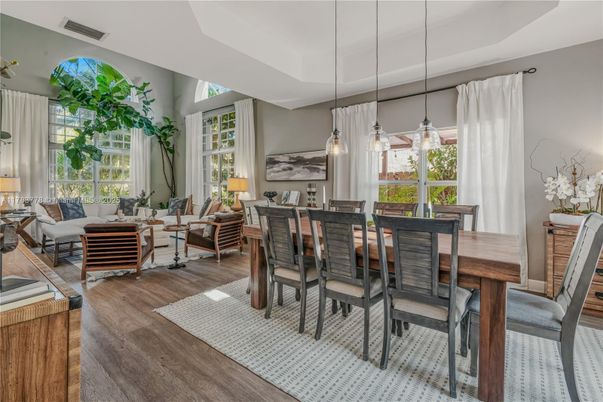 Dining room, Interior, Living room, Pendant Lights, Wood Texture Flooring