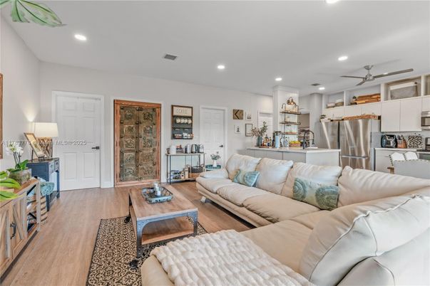 Interior, Kitchen, Living room, Recessed Lighting, Stainless Steel Appliances, Wood Texture Flooring