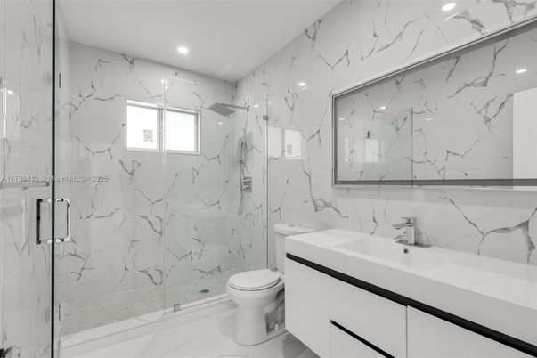 Bathroom, Glass Shower, Interior, Marble, Marble Walls, Recessed Lighting