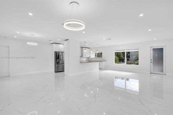 Interior, Kitchen, Marble, Pendant Lights, Recessed Lighting, Stainless Steel Appliances