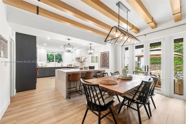 Chandelier, Dining room, Interior, Kitchen, Pendant Lights, Recessed Lighting, Wooden Beams, Wood Texture Flooring