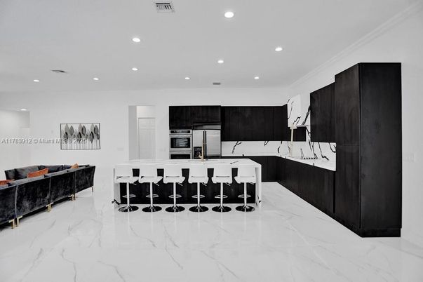 Interior, Kitchen, Living room, Marble, Recessed Lighting, Stainless Steel Appliances