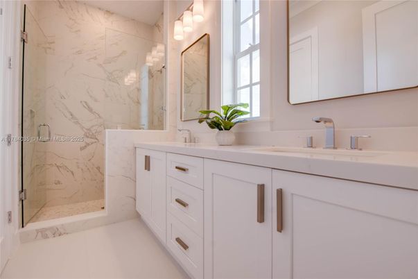 Bathroom, Dual Sink Vanities, Glass Shower, Interior, Marble Walls