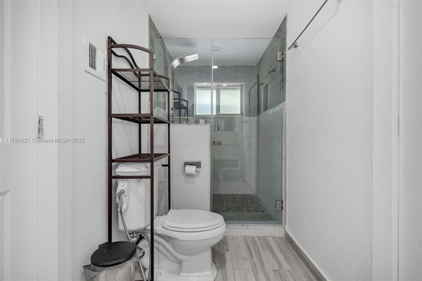 Bathroom, Glass Shower, Interior, Wood Texture Flooring