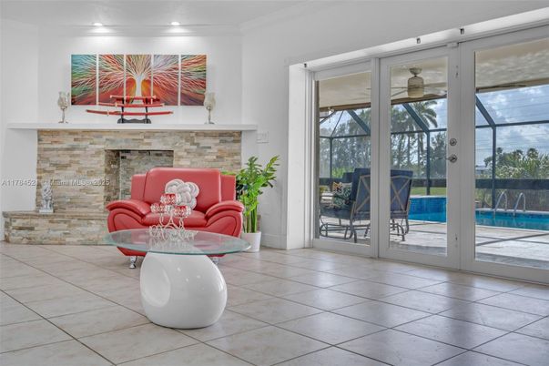 Fireplace, Interior, Recessed Lighting, Stone Walls, Sun Room