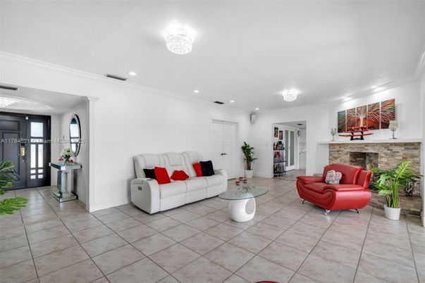 Fireplace, Interior, Living room, Recessed Lighting, Stone Walls