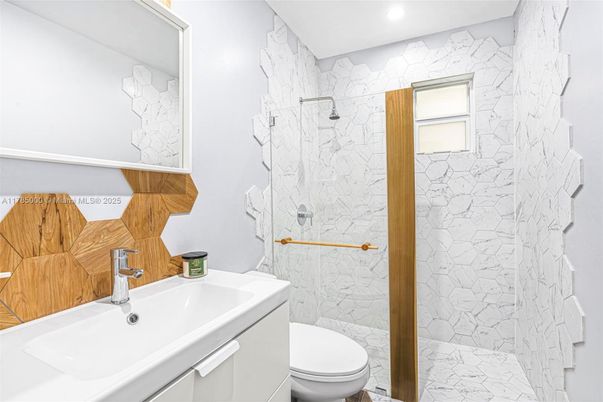 Bathroom, Glass Shower, Interior, Marble Walls, Recessed Lighting