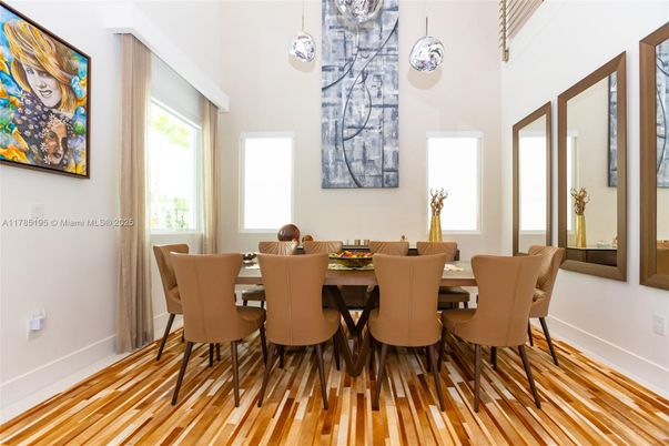 Dining room, Interior, Pendant Lights, Wood Texture Flooring