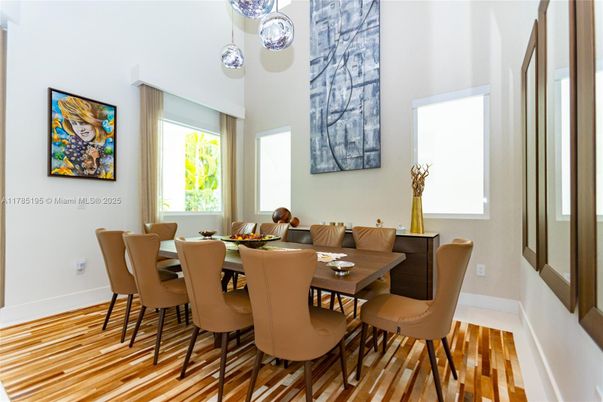 Dining room, Interior, Pendant Lights, Wood Texture Flooring