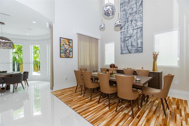 Dining room, Interior, Pendant Lights, Recessed Lighting, Wood Texture Flooring
