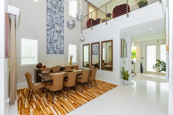 Dining room, Interior, Pendant Lights, Recessed Lighting, Wood Texture Flooring