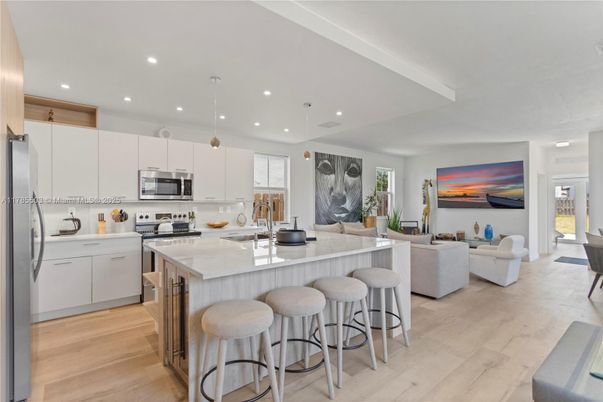 Interior, Kitchen, Living room, Pendant Lights, Recessed Lighting, Stainless Steel Appliances, Wood Texture Flooring