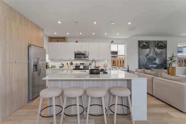 Interior, Kitchen, Living room, Pendant Lights, Recessed Lighting, Stainless Steel Appliances, Wood Texture Flooring