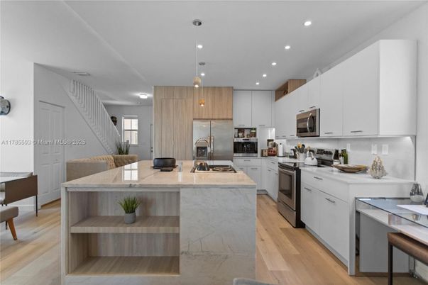 Interior, Kitchen, Pendant Lights, Recessed Lighting, Stainless Steel Appliances, Wood Texture Flooring