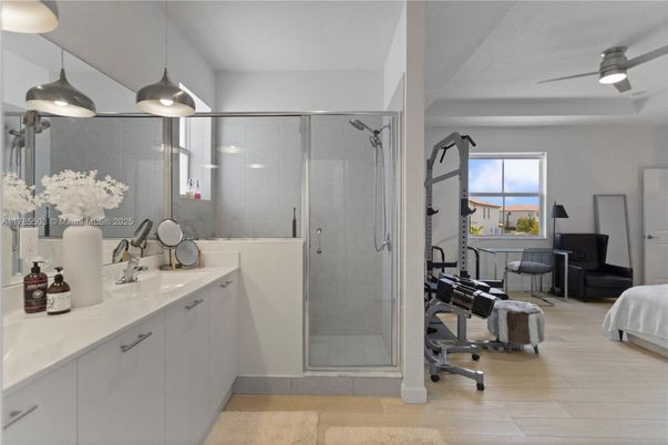 Bathroom, Glass Shower, Interior, Pendant Lights, Wood Texture Flooring