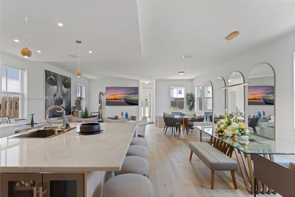 Dining room, Interior, Pendant Lights, Recessed Lighting, Wood Texture Flooring