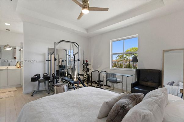Bedroom, Fitness Equipment, Interior, Recessed Lighting, Wood Texture Flooring