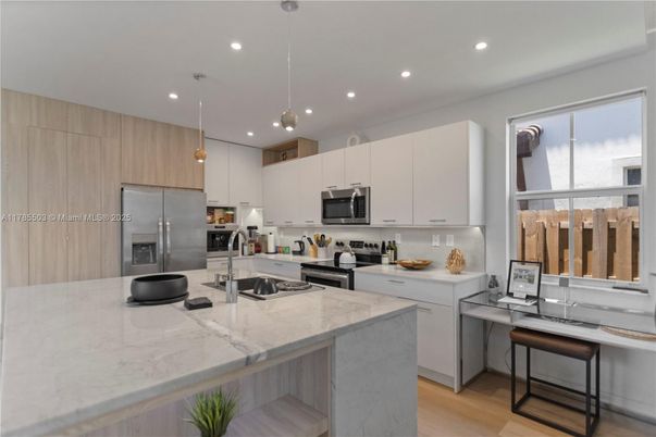 Interior, Kitchen, Pendant Lights, Recessed Lighting, Stainless Steel Appliances, Wood Texture Flooring