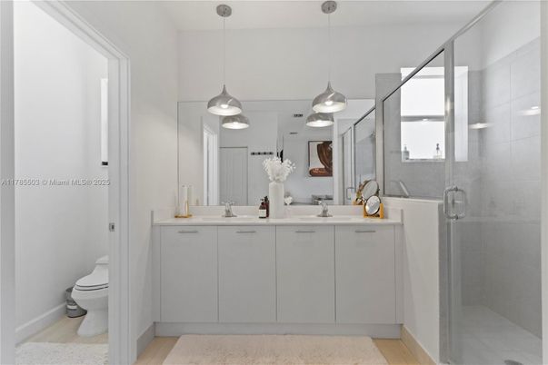Bathroom, Glass Shower, Interior, Pendant Lights, Wood Texture Flooring