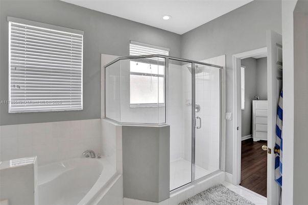 Bathroom, Glass Shower, Interior, Recessed Lighting, Wood Texture Flooring