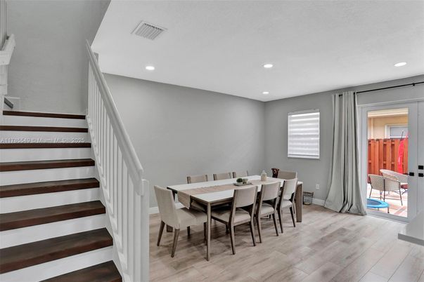 Dining room, Interior, Recessed Lighting, Wood Texture Flooring