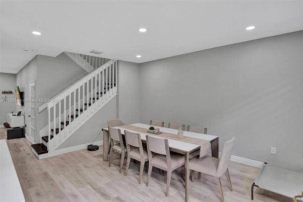 Dining room, Interior, Recessed Lighting, Wood Texture Flooring