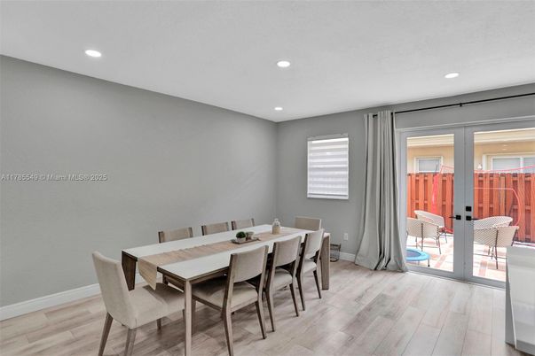 Dining room, Interior, Recessed Lighting, Wood Texture Flooring