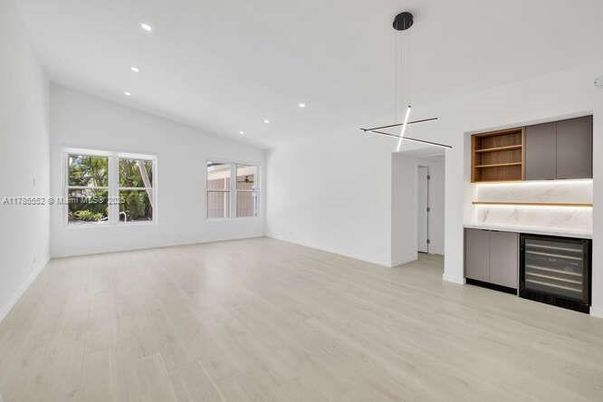 Empty room, Interior, Kitchen, Pendant Lights, Recessed Lighting, Wood Texture Flooring