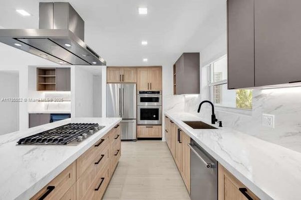 Interior, Kitchen, Recessed Lighting, Stainless Steel Appliances, Wood Texture Flooring