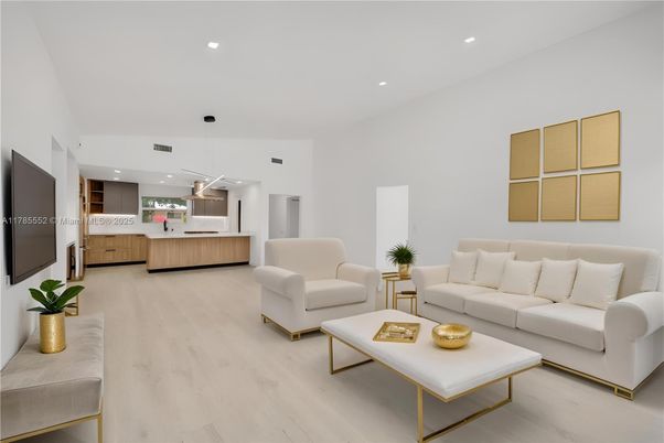Interior, Kitchen, Living room, Pendant Lights, Recessed Lighting, Wood Texture Flooring