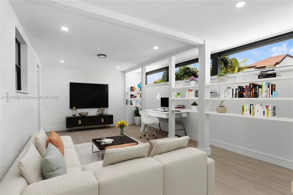 Home Office, Interior, Living room, Recessed Lighting, Wood Texture Flooring