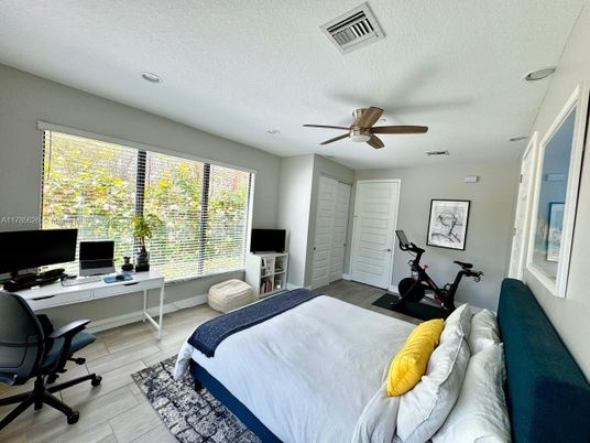 Bedroom, Fitness Equipment, Home Office, Interior, Recessed Lighting, Wood Texture Flooring