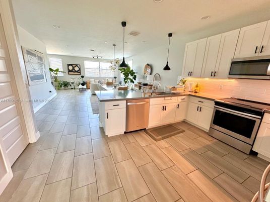 Dining room, Interior, Kitchen, Pendant Lights, Recessed Lighting, Stainless Steel Appliances, Wood Texture Flooring