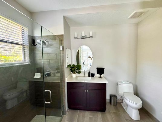 Bathroom, Glass Shower, Interior, Wood Texture Flooring