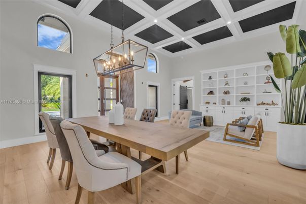 Chandelier, Dining room, Interior, Pendant Lights, Wood Texture Flooring