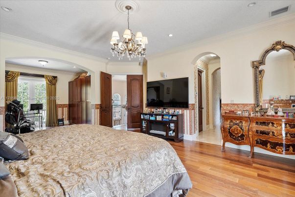 Bedroom, Chandelier, Interior, Recessed Lighting, Wood Texture Flooring