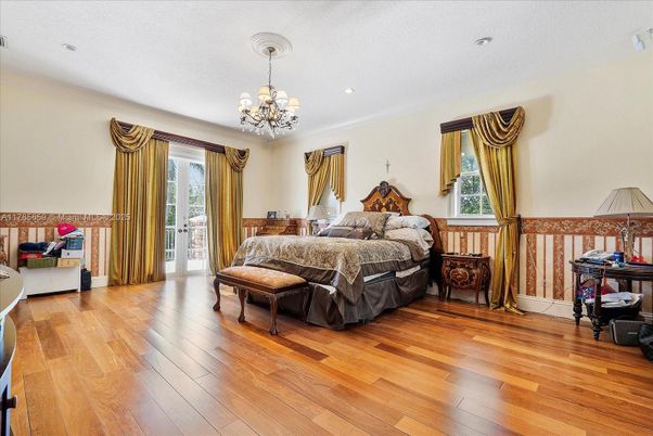 Bedroom, Chandelier, Interior, Recessed Lighting, Wood Texture Flooring