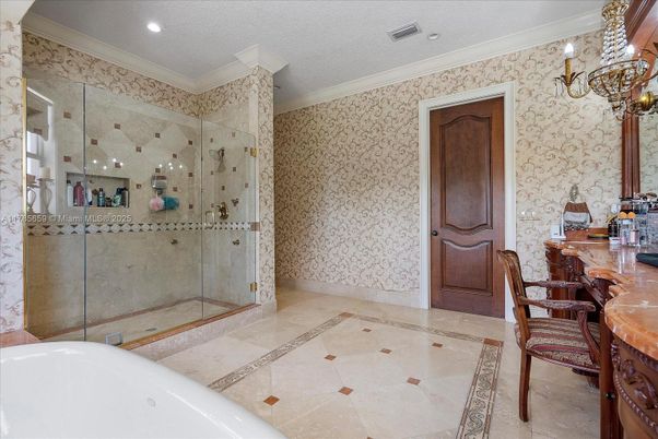 Bathroom, Chandelier, Glass Shower, Interior, Recessed Lighting