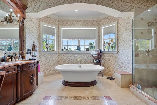 Bathroom, Free Standing Baths, Glass Shower, Interior, Recessed Lighting