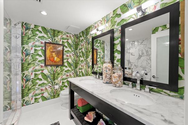 Bathroom, Dual Sink Vanities, Interior, Marble Walls, Recessed Lighting