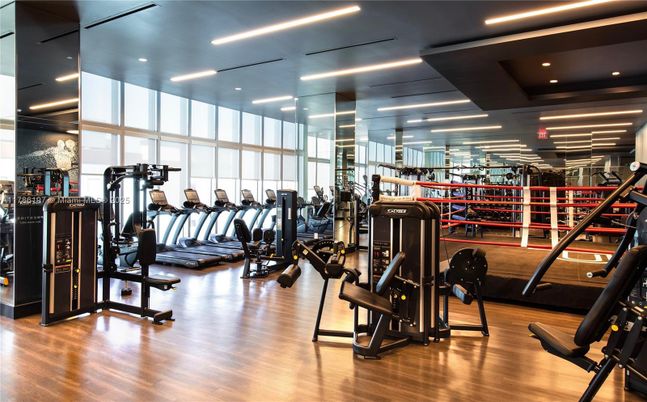 Fitness Equipment, Gym, Interior, Recessed Lighting, Wood Texture Flooring