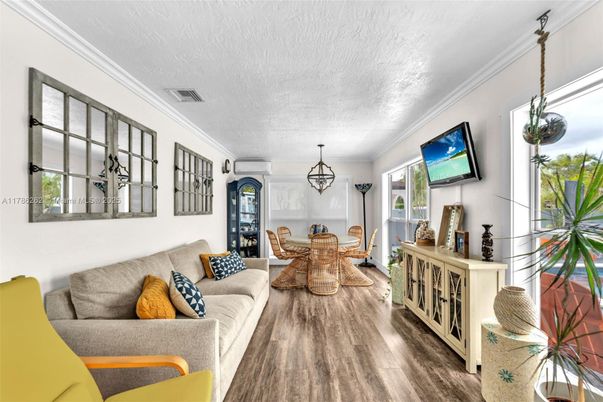 Dining room, Interior, Living room, Pendant Lights, Wood Texture Flooring