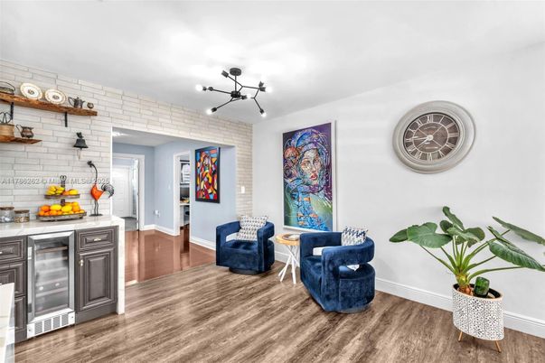 Interior, Pendant Lights, Stainless Steel Appliances, Stone Walls, Wood Texture Flooring