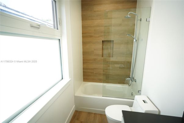 Bathroom, Glass Shower, Interior, Wood Texture Flooring