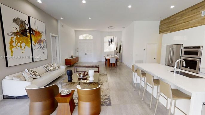 Dining room, Interior, Kitchen, Living room, Pendant Lights, Recessed Lighting, Stainless Steel Appliances, Wooden Walls