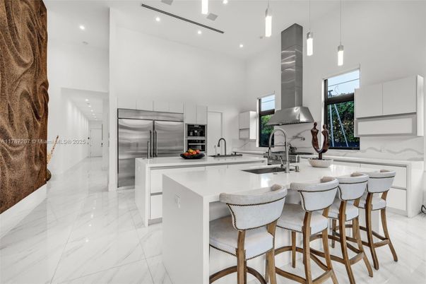 Interior, Kitchen, Marble, Pendant Lights, Recessed Lighting, Stainless Steel Appliances