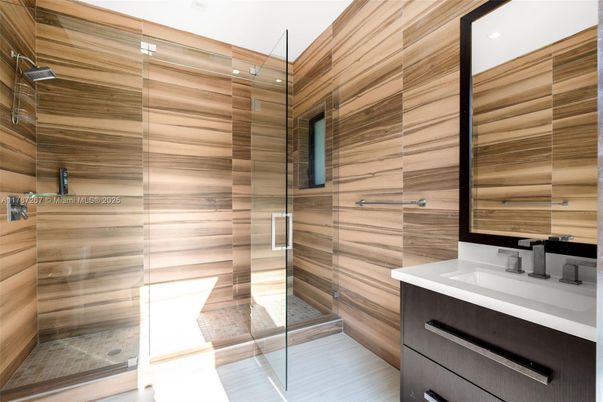 Bathroom, Glass Shower, Interior, Recessed Lighting, Wooden Walls