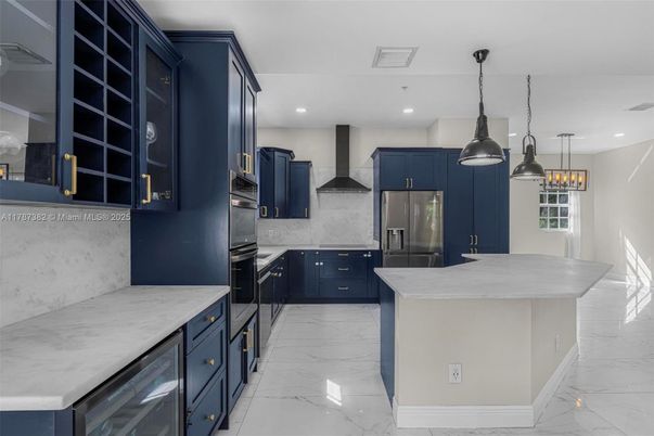 Interior, Kitchen, Marble, Pendant Lights, Recessed Lighting, Stainless Steel Appliances