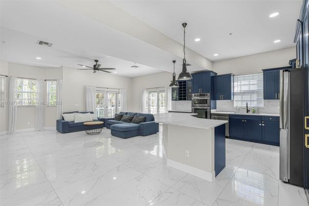 Interior, Kitchen, Living room, Marble, Pendant Lights, Recessed Lighting, Stainless Steel Appliances