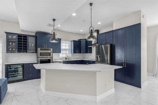 Interior, Kitchen, Marble, Pendant Lights, Recessed Lighting, Stainless Steel Appliances